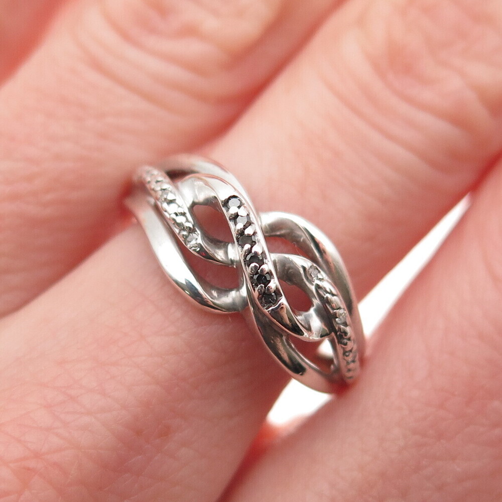 925 Sterling Silver Real Round-Cut Black & White Diamond Twisted Ring Size 7